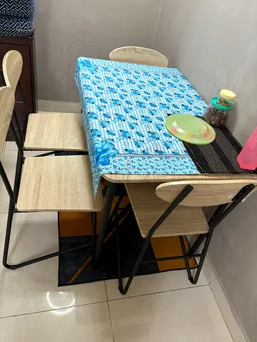 Compact 4-Seater Dining Table with Chairs - Light Wood  Black Frame