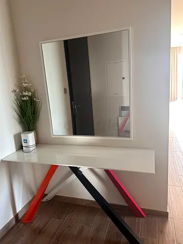 White Console Table with Colorful Crossed Legs and Mirror