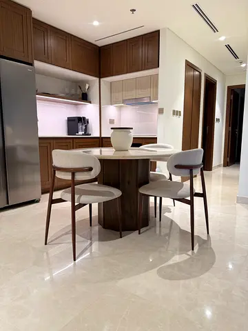Round Marble Dining Table with 3 Designer Upholstered Chairs – Excellent Condition