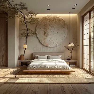 Low Platform Wooden Bed with Neutral Bedding