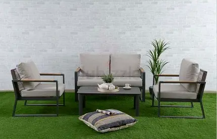 4-piece Outdoor Sofa Set with Coffee Table — Grey Cushions