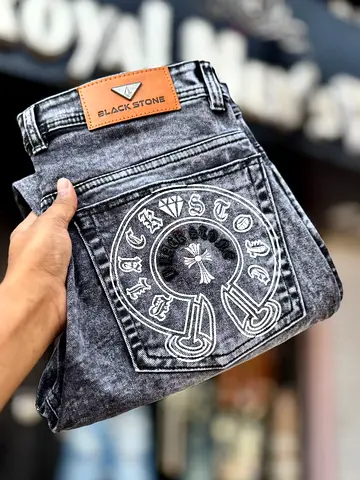 Grey Acid-Wash Mens Jeans with Back Pocket Embroidery - Size Unknown
