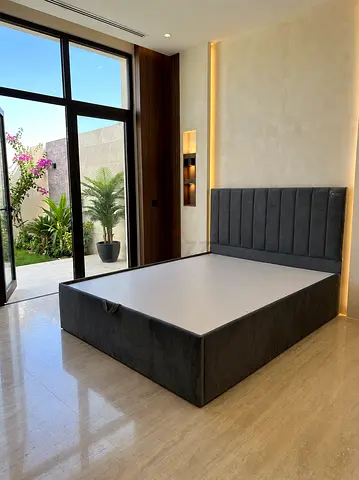 Dark Grey Upholstered Queen Bed Frame with Headboard and Storage Base