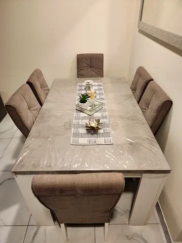 6-Seater Dining Table with Cushioned Chairs - Light Marble finish Top