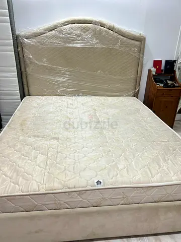 King size Bed with Headboard and Mattress - Neutral Beige