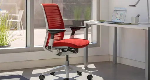 Steelcase Think V1 Operator Chair, Adjustable, Lumbar Support, Red / Red, Black Swivel Base