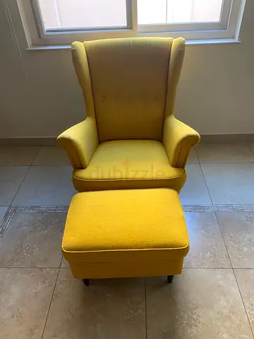 Yellow Upholstered Wingback Armchair with Ottoman — Good Condition
