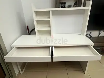 White wooden study desk with shelves and two drawers - good condition