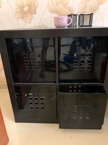 Black 4-Compartment Storage Cabinet with Pull-Out Drawers