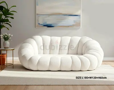 White Bouclé 2-Seater Cloud Sofa - Modern Curved Design (L180 x W120 x H60 cm)