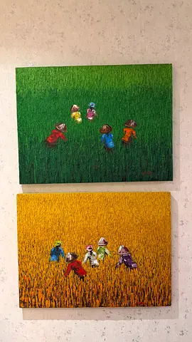 Set of 2 Framed Rice Field Paintings — Vibrant Village Scenes from Bali