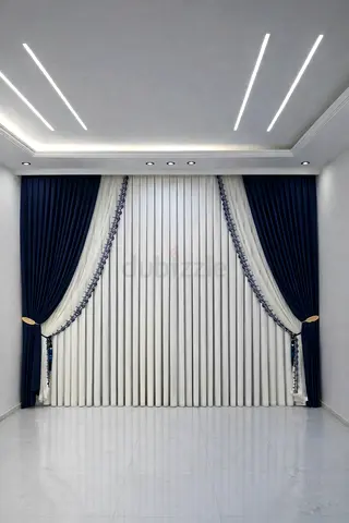 Dark Blue Layered Curtains with White Sheer Drapes — Good Condition