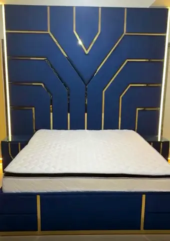 Luxury Royal Blue Velvet King Bedroom Set with Gold Accents
