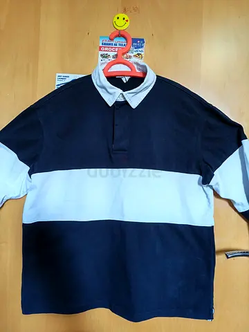 Mens Navy  White Stripe Rugby Polo Shirt, Size Medium