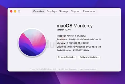 MacBook Air (13-inch, 2017) - 8GB RAM, Intel Ci5, macOS Monterey - with Charger - Low battery cycle