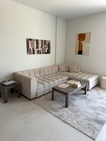 Light beige tufted fabric 5-seater sofa-bed with storage