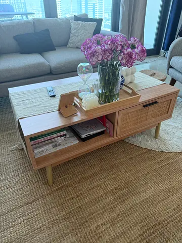 Solid Wood Coffee Table with Storage and Cane Drawer