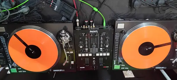 Pioneer-style DJ Turntable Setup with Serato-Compatible Mixer (2x Turntables + Mixer)