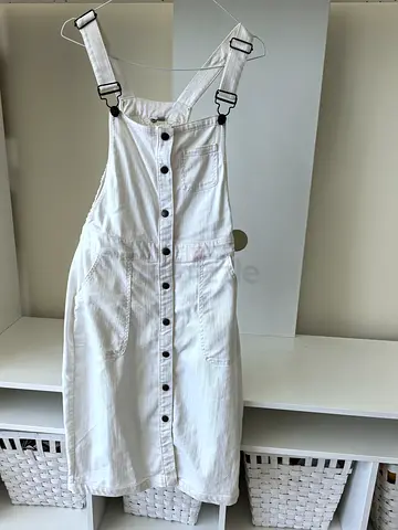 White Denim Button-Down Pinafore Dress, Size Unknown