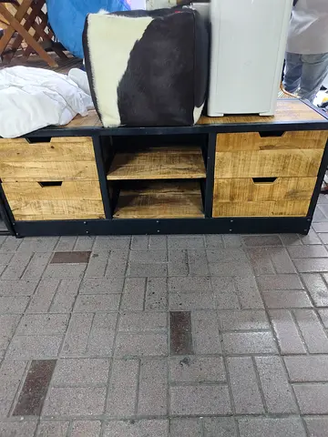 Solid Wood TV Entertainment Unit with Open Shelves and Drawers