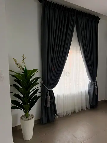 Dark grey pleated blackout curtains with sheer liners - set of panels
