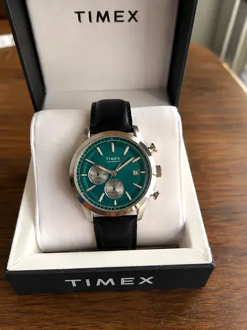 Timex mens Chronograph watch with teal dial and black leather strap