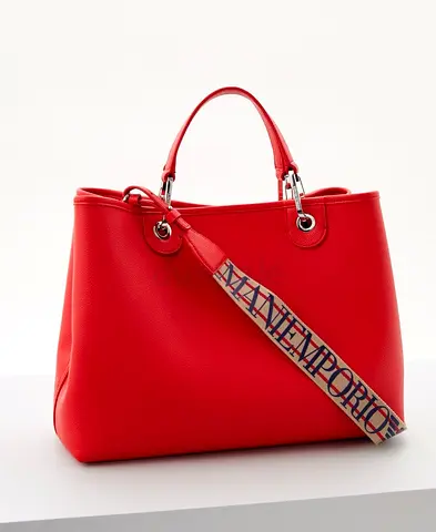 Red Emporio-style Leather Tote Bag with Detachable Branded Strap