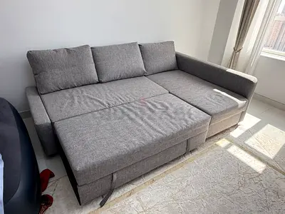 Grey L-Shaped Pull-Out Sofa Bed