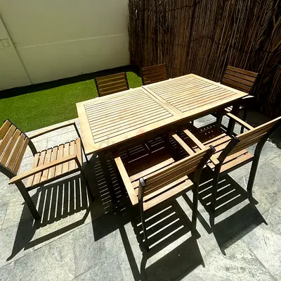 Solid Teak Outdoor Dining Table with 6 Chairs( extend table 6 seaters ) with UV cover 170-220 Lx90W