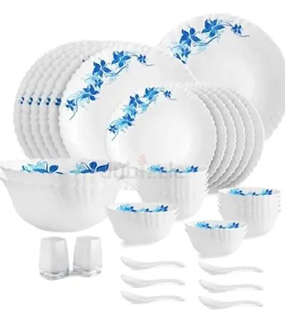 CELLO Opalware Dazzle Blue Swirl Dinner Set, 38Pcs, White