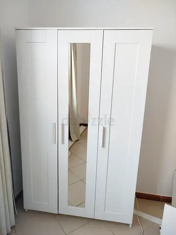 White 3-Door Wardrobe with Mirror — Good Condition