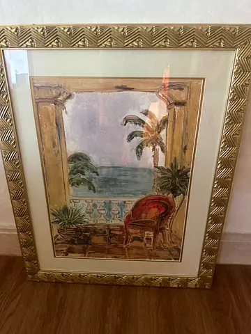 Framed Coastal Balcony Watercolor Print with Gold Frame