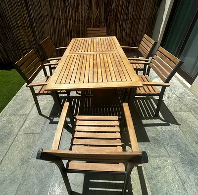Solid Teak Outdoor Dining Table with 6 Chairs( extend table 6 seaters ) with UV cover 170-220 Lx90W
