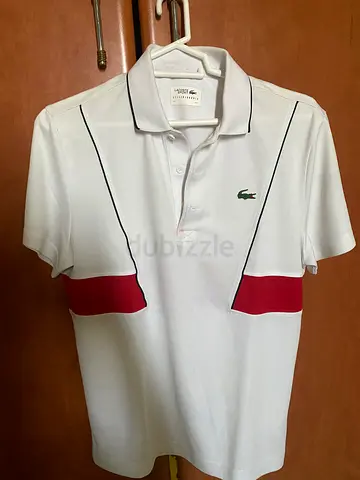 White Lacoste Polo Shirt with Red Accent, Size small