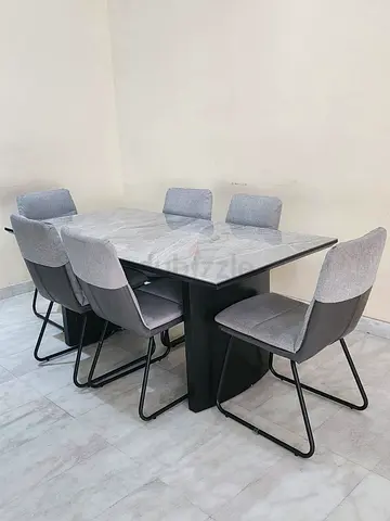 URGENT LEAVING UAE; Danube Home 6-Seater Marble-Top Dining Table with Grey Fabric Chairs
