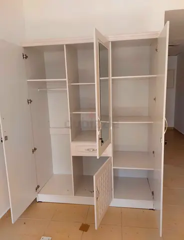 White 3-Door Wardrobe with Shelves and Drawer