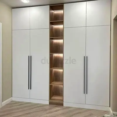 Built-in Modern White Wardrobe with Open Shelving and LED Lighting