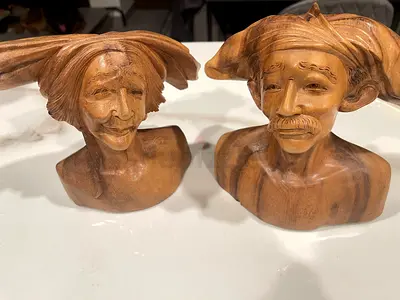 Vintage wood statue , Malaysian Hand Carved Busts Man  Woman Pair Hardwood Vintage  Art Sculpture