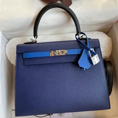 Hermes Kelly Sellier 25 Bicolor Bag in Blue Saphir and Blue France Epsom Calfskin