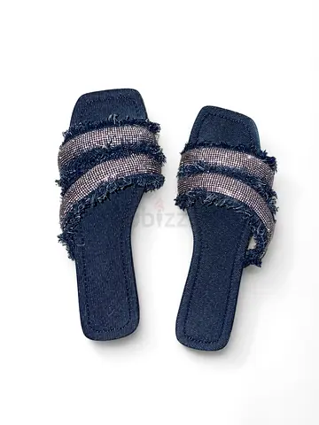 Denim Rhinestone Slide Sandals, dark blue denim sandals with sparkling rhinestone straps
