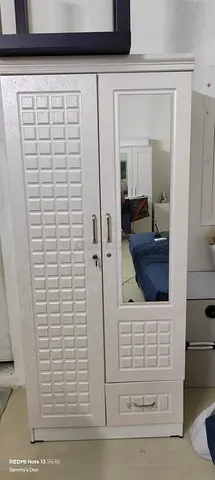 White 2-Door Wardrobe with Mirror and Drawer - Good Condition with table