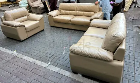 Beige Leather 3-Seater Sofa Set with Armchair - Good Condition