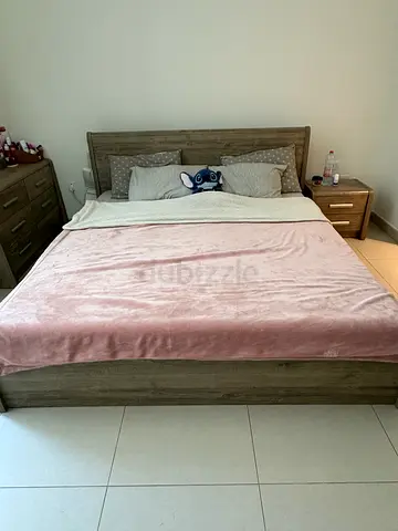 Double Bed Frame with Headboard and Matching Nightstand and dressing table - Light Wood