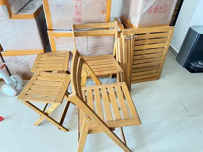 Outdoor wooden patio set — table, 2 chairs  2 stools and flooring