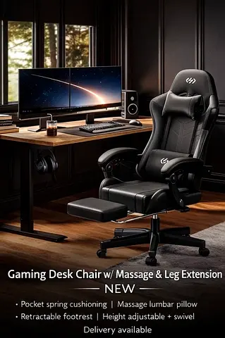 Ergonomic Gaming Desk Chair with Massage  Retractable Footrest - Brand New