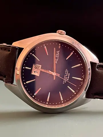 Mens Alba Stainless Steel Analog Watch with Date - Black Dial, Brown Leather Strap