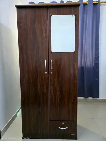 Dark Wood Two Door Wardrobe with Mirror and Bottom Drawer