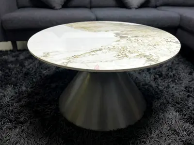 Round Marble-Top Coffee Table with Cone metal Base - Excellent Condition