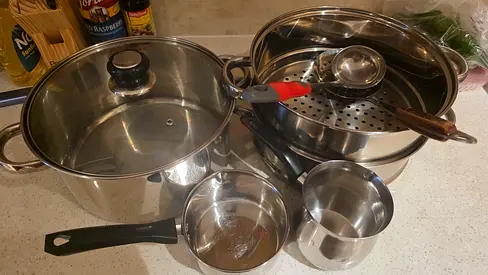 Stainless Steel Cookware Set – Pots, Steamer Insert, Saucepan and Ladle