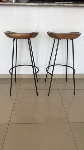 Set of 2 Tall Wooden Seat Metal Frame Bar / Breakfast Bar Stools